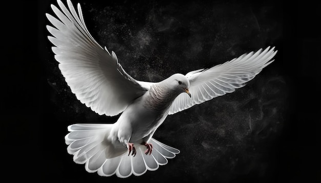 Foto eine weiße taube fliegt mit ausgebreiteten flügeln in der luft.