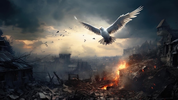 Eine weiße Taube fliegt über die zerbombte Stadt. Kriegskonzept Generative KI