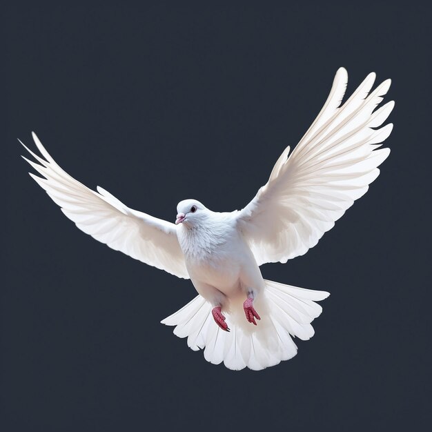 eine weiße Taube mit roten Füßen fliegt in der Luft