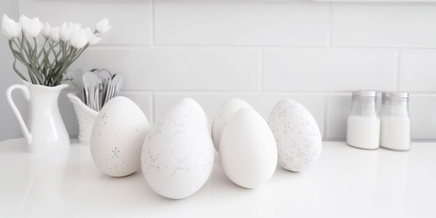 Eine weiße Theke mit weißen Eiern darauf.
