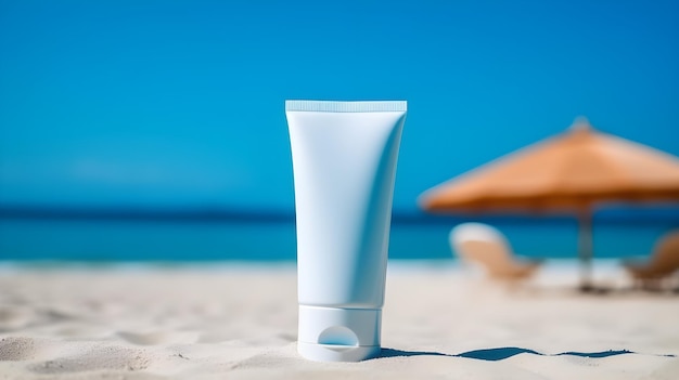 Eine weiße Tube Creme am Strand