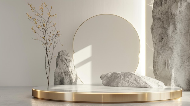 Eine weiße und goldene Naturmarmorplattform, umgeben von Felsen mit dramatischer Beleuchtung