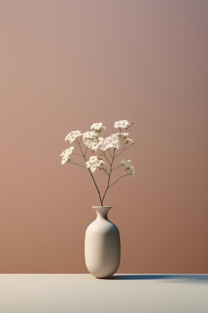 Eine weiße Vase mit Blumen darin und einem rosa Hintergrund.