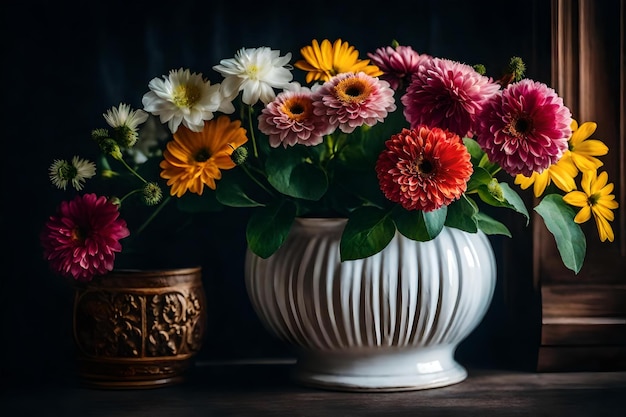 Eine weiße Vase mit einer goldenen Blume darauf