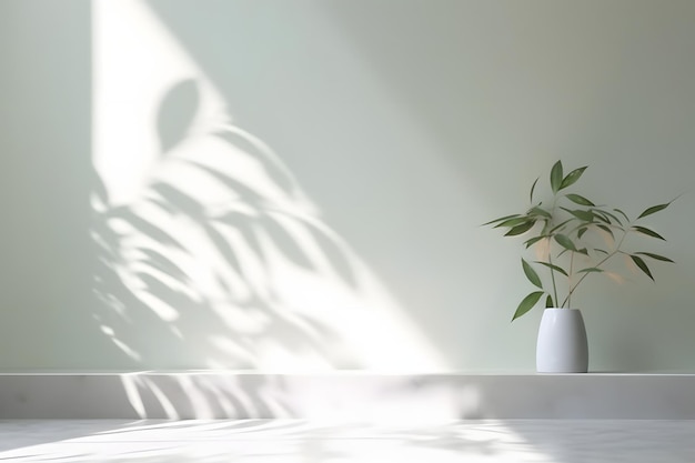 Eine weiße Vase mit einer Pflanze darin und einer grünen Pflanze darin.