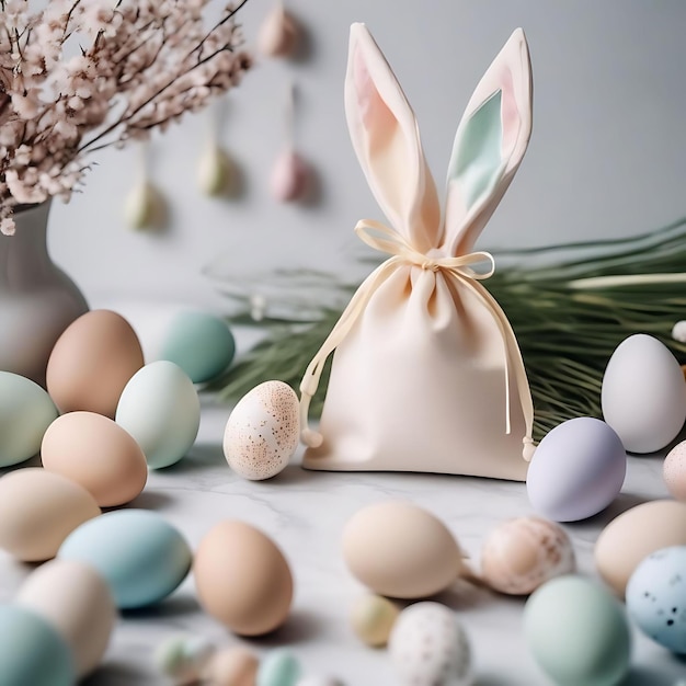 eine weiße Vase mit Ostereiern und einem Kaninchen darauf