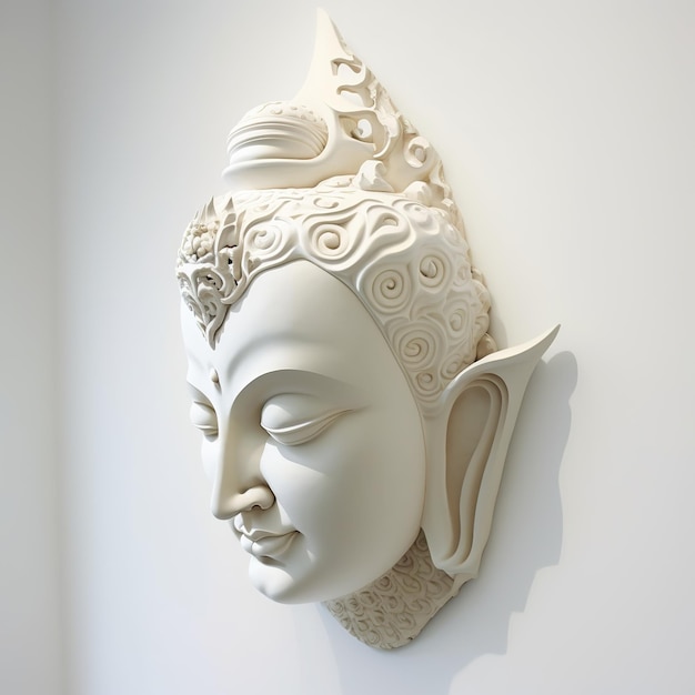 Eine weiße Wandskulptur eines Gesichts mit Gautama-Buddha-Kopf als Wandgemälde für Heimdekoration usw. Ai erstellt