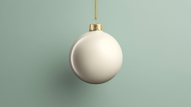 Eine weiße Weihnachtskugel, die an einem goldenen Seil hängt.