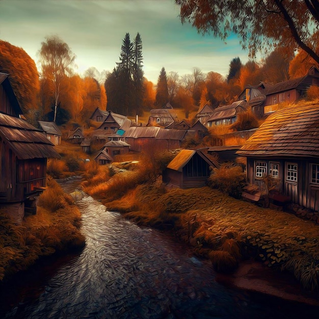 Eine weite Aussicht auf ein kleines Dorf im Herbst mit Ölfarben im Stil eines kleinen Flusses