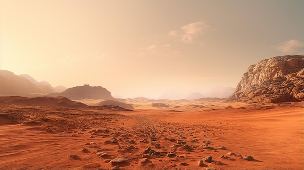 Eine weite Wüstenlandschaft mit felsigen Bergen und Sand unter einem nebligen Himmel