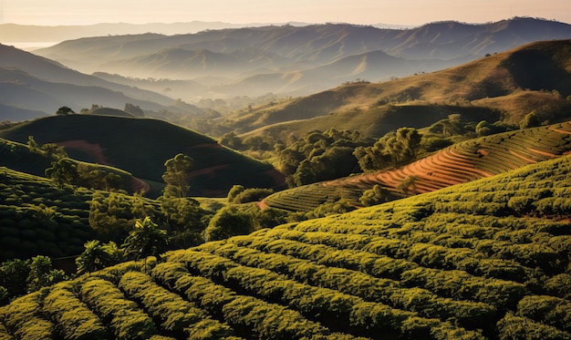 Eine weitläufige Kaffeeplantage, die sich über sanfte Hügel mit ordentlichen Reihen von Kaffeepflanzen erstreckt