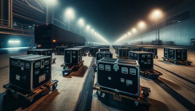 Eine Weitwinkel-Nachtfotografie eines Logistikbereichs