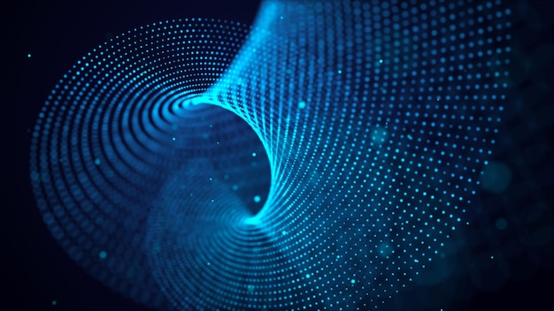 Eine Welle aus blauen Partikeln, Big Data, abstrakte dynamische 3D-Rendering.