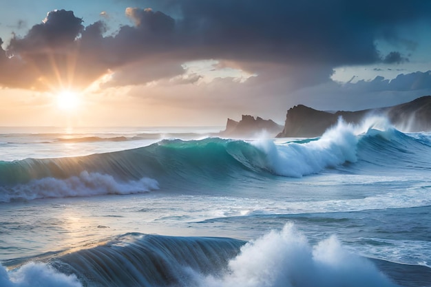 Eine Welle bricht an einem Strand mit der untergehenden Sonne dahinter.