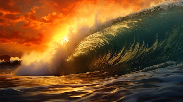 Eine Welle bricht im Ozean, auf die die Sonne scheint.