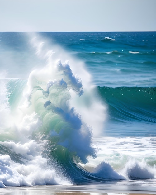 Eine Welle bricht ins Meer und das Meer ist weiß und grün.