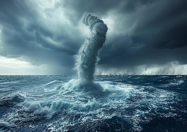 eine Welle, die im Ozean mit einem großen Objekt im Hintergrund schwimmt