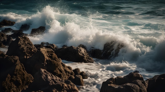 Eine Welle kracht gegen die Felsen und das Meer kracht gegen die Felsen.