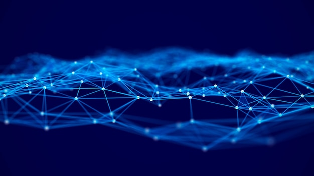 Eine Welle von Verbindungslinien und Punkten Das Konzept von Big Data und Technologie Abstrakter Hintergrund mit dynamischer Welle mit blauen Punkten 3D-Rendering