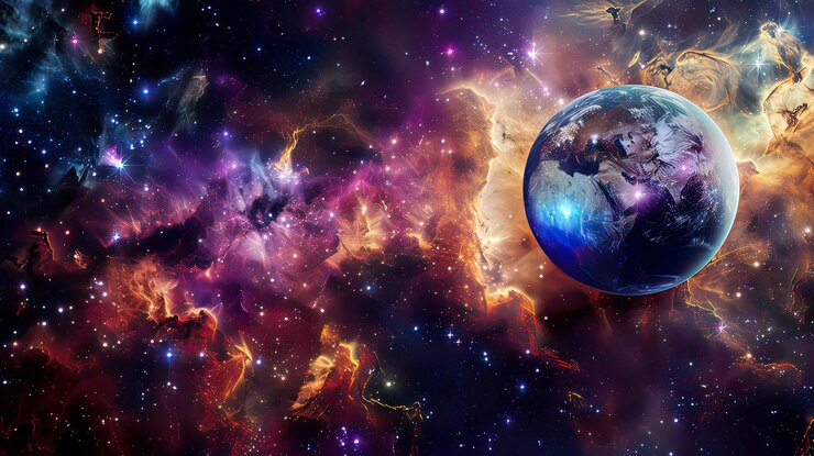 eine Welt mit einem Mann darauf und einem Planeten in der Mitte des Universums