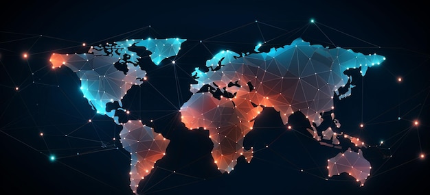 eine Weltkarte als Hintergrund mit miteinander verbundenen Linien und Knotenpunkten, die globale Verbindungen und soziale Netzwerke symbolisieren