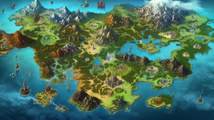 Eine Weltkarte mit dem Titel Pokémon darauf