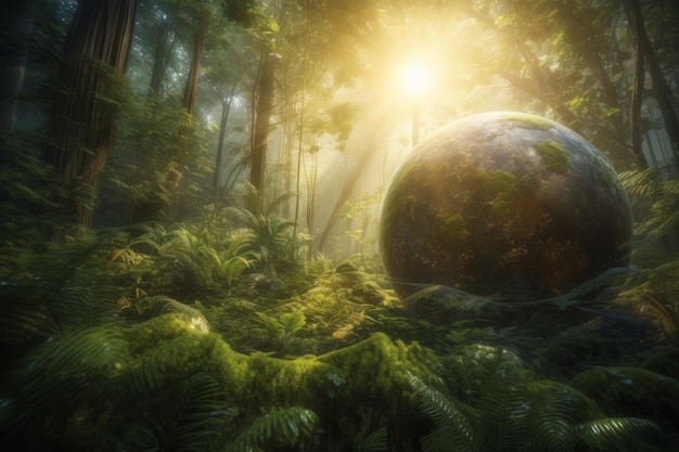 Eine Weltkugel in einem Wald mit der Sonne im Hintergrund Erstellt mit generativer KI-Technologie