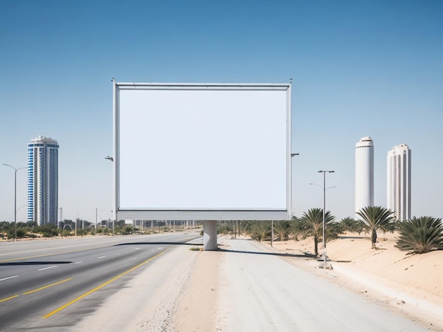 Eine Werbetafel auf einer Autobahn mit einem blauen Himmel im Hintergrund.