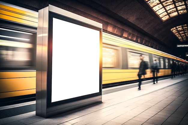 Eine Werbetafel in einer U-Bahnstation mit einem vorbeifahrenden gelben Zug