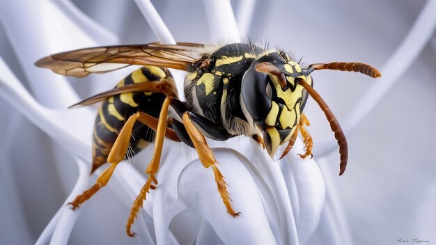 Eine Wespe in Nahaufnahme auf weißem Hintergrund