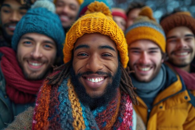 Eine wiederverwendbare junge Gruppe glücklicher Menschen macht ein Selfie-Foto mit einer Kamera draußen