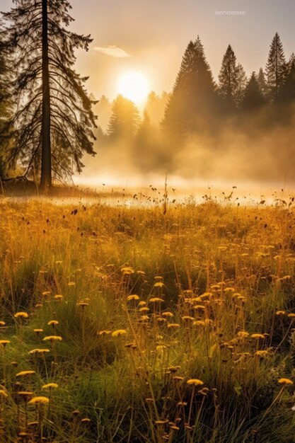 Eine Wiese mit Bäumen im Hintergrund