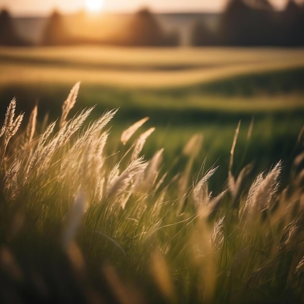 Eine Wiese mit der untergehenden Sonne dahinter