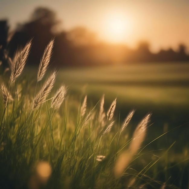 Foto eine wiese mit der untergehenden sonne dahinter