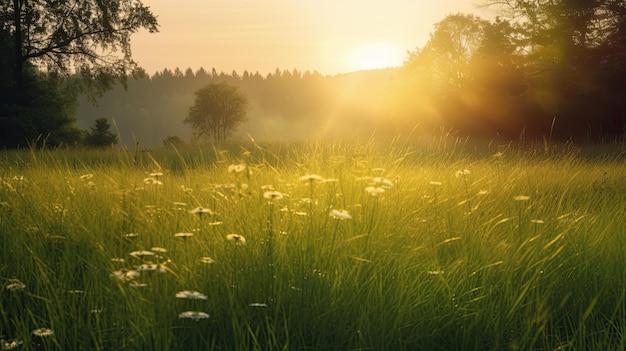 Eine Wiese mit Sonnenuntergang im Hintergrund