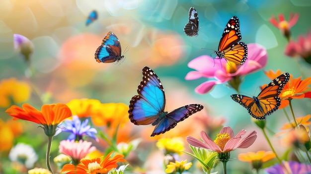 Eine Wiese voller farbenfroher Schmetterlinge, die auf frisch blühenden Blumen landen