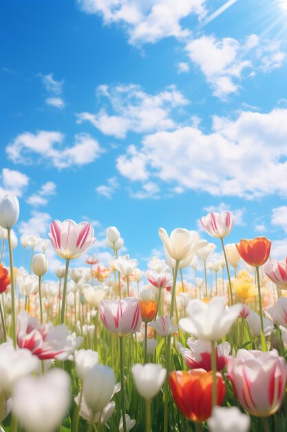 Eine Wiese voller Tulpen, auf der die Sonne scheint, der große blaue Himmel nimmt viel Platz ein.