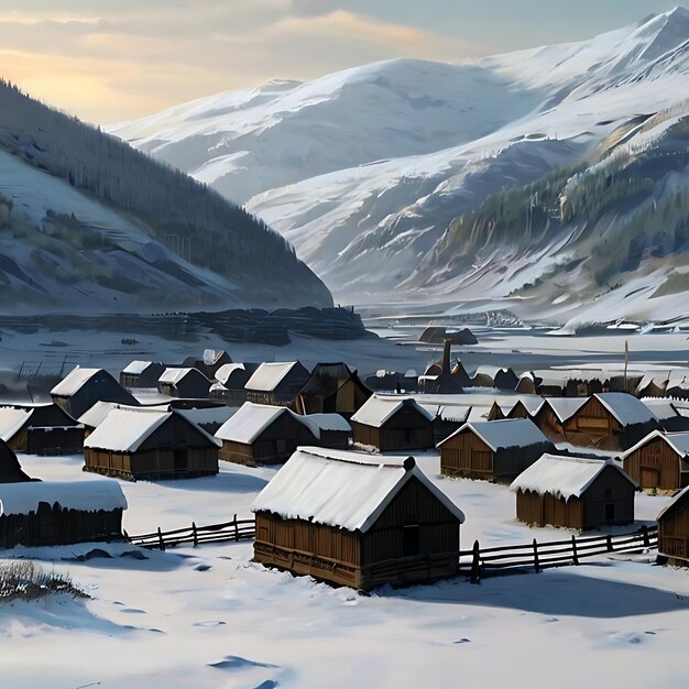 Eine Wikingersiedlung in einem schneebedeckten Tal mit Langhäusern, die von KI erzeugt wurden