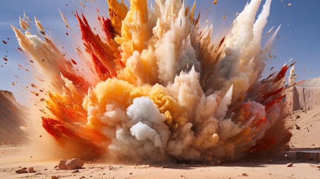 Eine wilde Detonation erschüttert die Wüste, der glühende Himmel spiegelt die Wut der Explosionen wider.