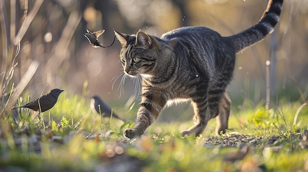 Foto eine wilde oder freilebende hauskatze, die vögel in einem wildschutzgebiet verfolgt generative ai