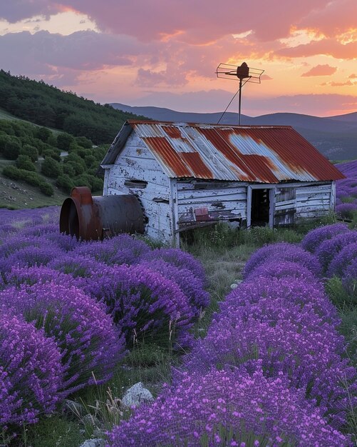 Eine windbetriebene Wasserpumpe mit Lavendel-Hintergrund