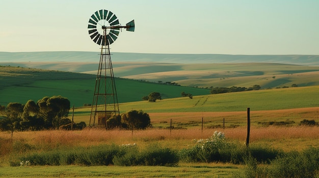 Eine Windmühle auf einem Feld mit einer grünen Wiese und Hügeln im Hintergrund.