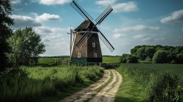 Eine Windmühle auf einem Gebiet mit blauem Himmel und Wolken