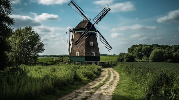 Eine Windmühle auf einem Gebiet mit blauem Himmel und Wolken