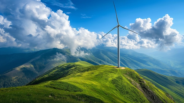 eine Windturbine auf einem grünen Hügel mit blauem Himmel und Wolken