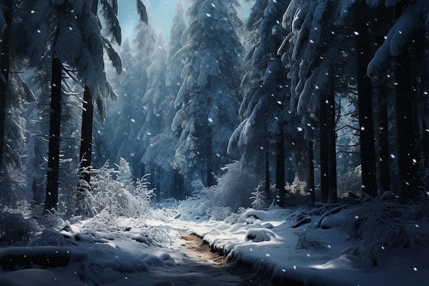 Eine Winterlandschaft in einem Wald mit viel Schnee