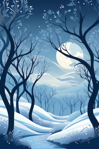 eine Winterlandschaft mit Bäumen, Schnee und Vollmond