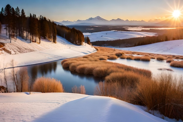 Eine Winterlandschaft mit einem Berg im Hintergrund