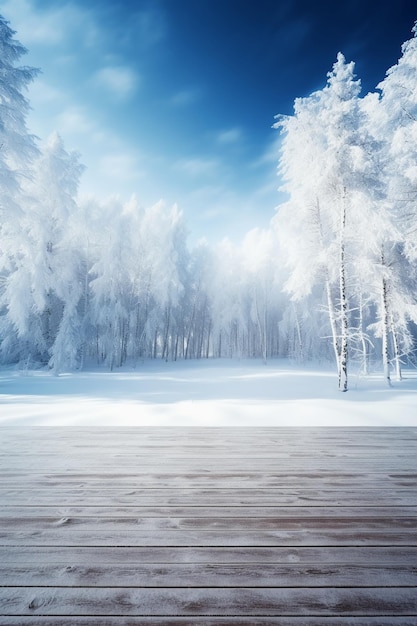 Eine Winterlandschaft mit einer verschneiten Landschaft und einem blauen Himmel mit Wolken