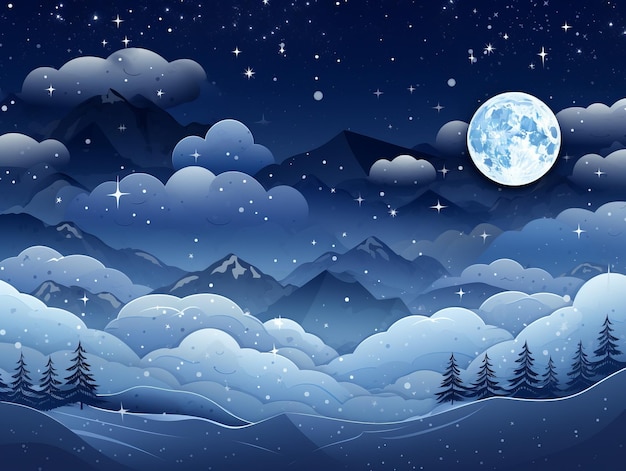 eine Winterlandschaft mit Schnee und Bergen in der Nacht